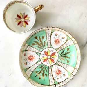 Vintage Gilded Mint Green Gold Floral Pattern Porcelain Cup Saucer